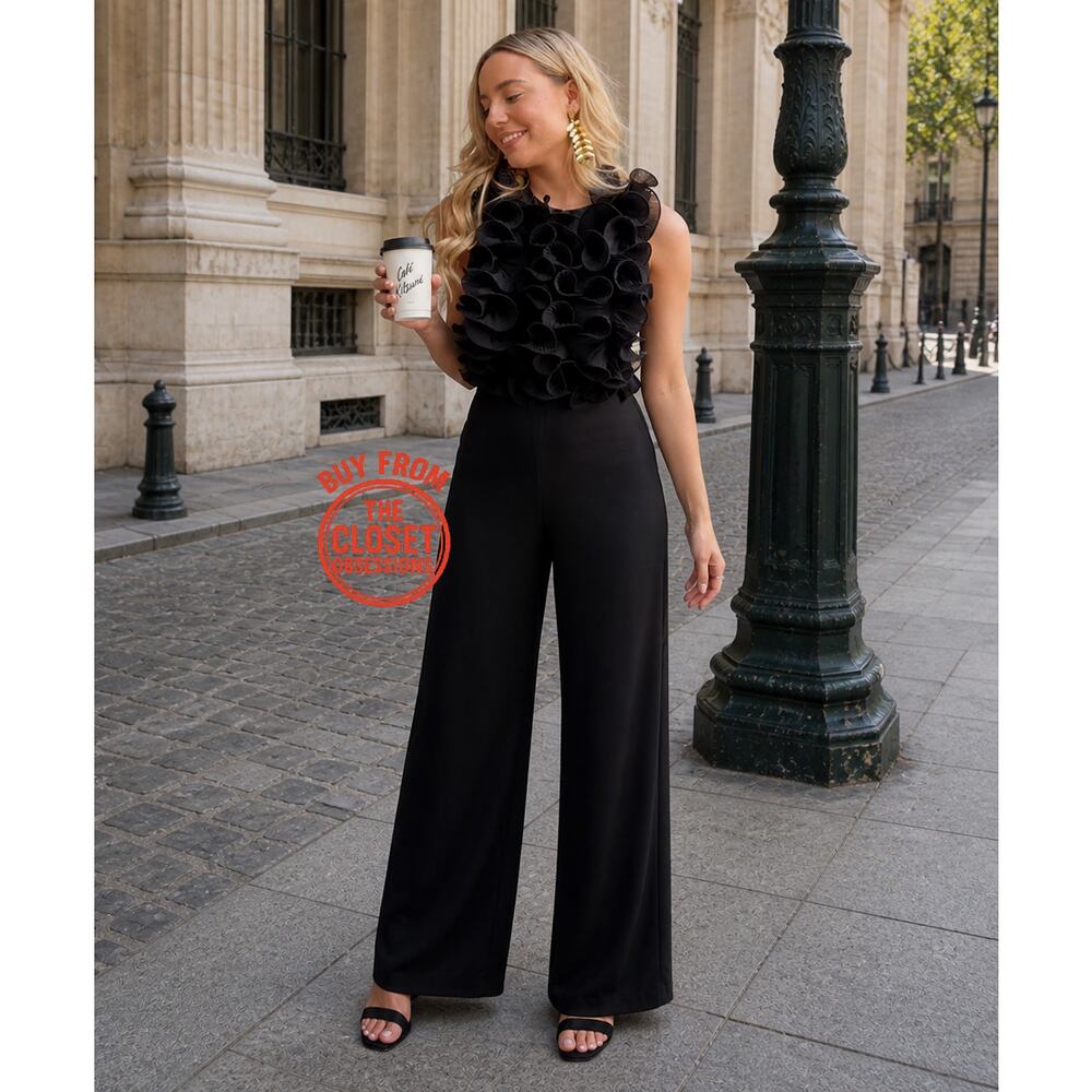 Zara Black Ruffle Wide Leg Jumpsuit Belted Sleeveless Elegant Evening Size M NWT - Picture 4 of 16